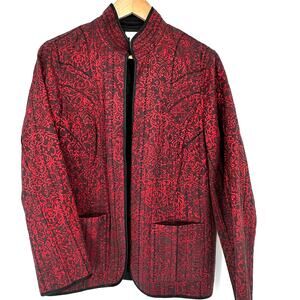 EUC Chico’s Quilted Jacket Red Black Floral Women’s 1 M Lined Artwear Polished